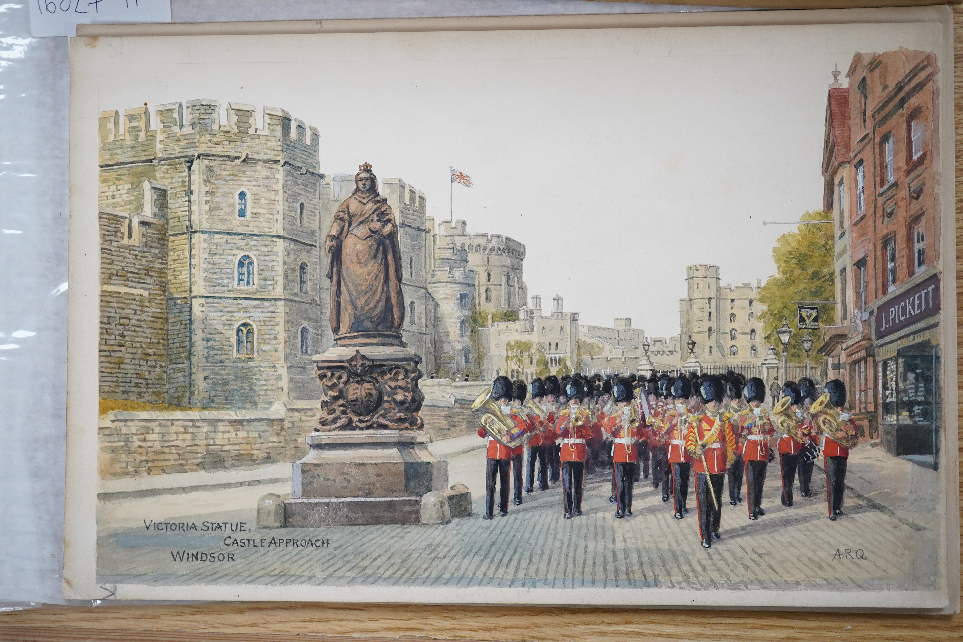 Alfred Robert Quinton (1853-1934), four original watercolours for postcards, London and Windsor views comprising Piccadilly Circus, Trafalgar Square, Guards Band at Windsor and The Tower, two monogrammed, 20 x 30cm, unfr